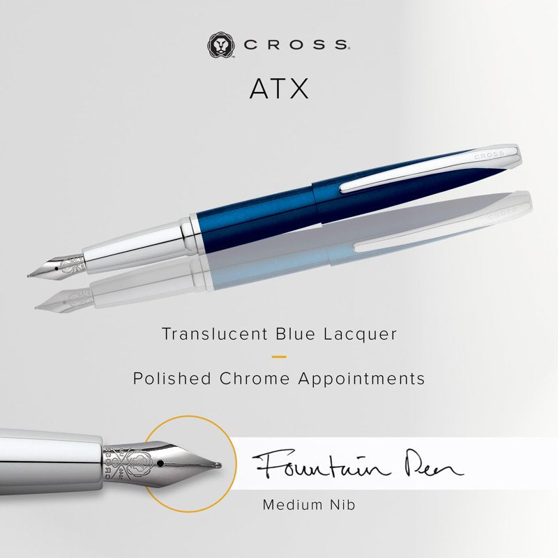 Cross ATX Translucent Blue Lacquer Fountain Pen - Medium Nib, Modern Design