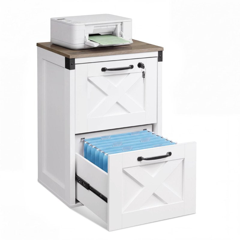 2-Drawer File Cabinet with Lock and Key, Farmhouse Style, White
