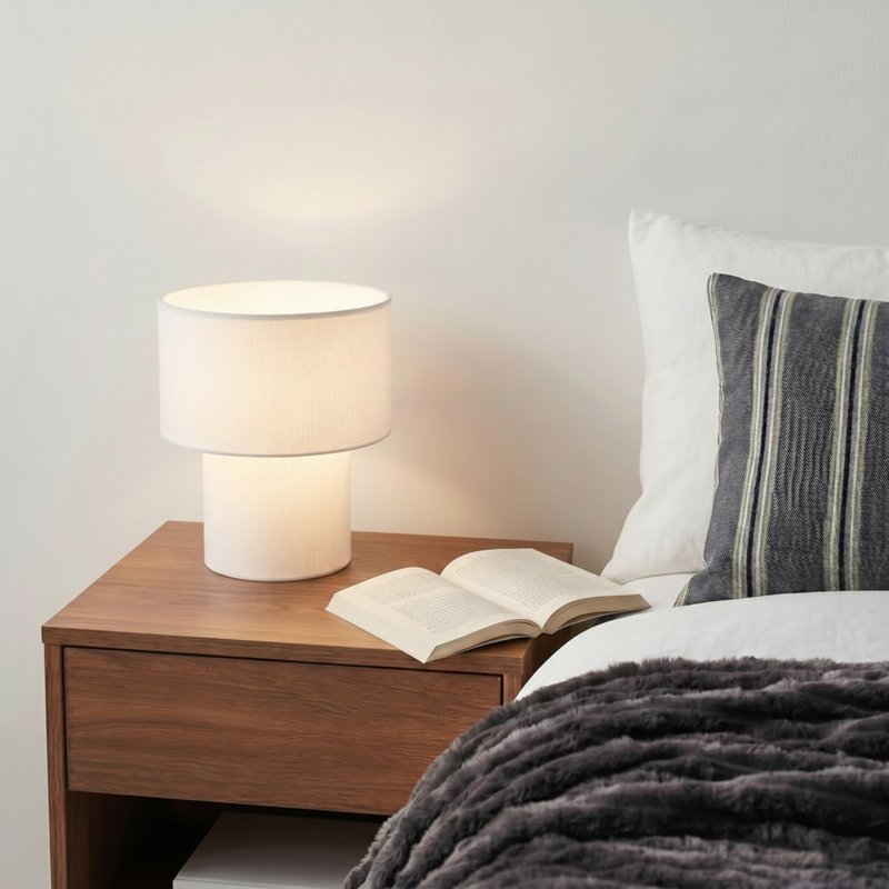 13-Inch White Linen Fabric Table Lamp with Inline Switch
