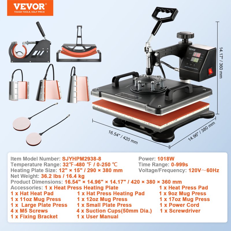 8-in-1 Digital Heat Press Machine 12x15 Inch for T-Shirts Mugs Hats