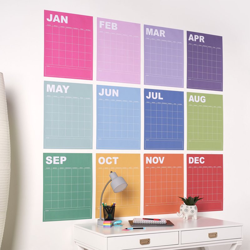 Large Rainbow Monthly Wall Calendar 15 x 19 Inches - Undated & Customizable