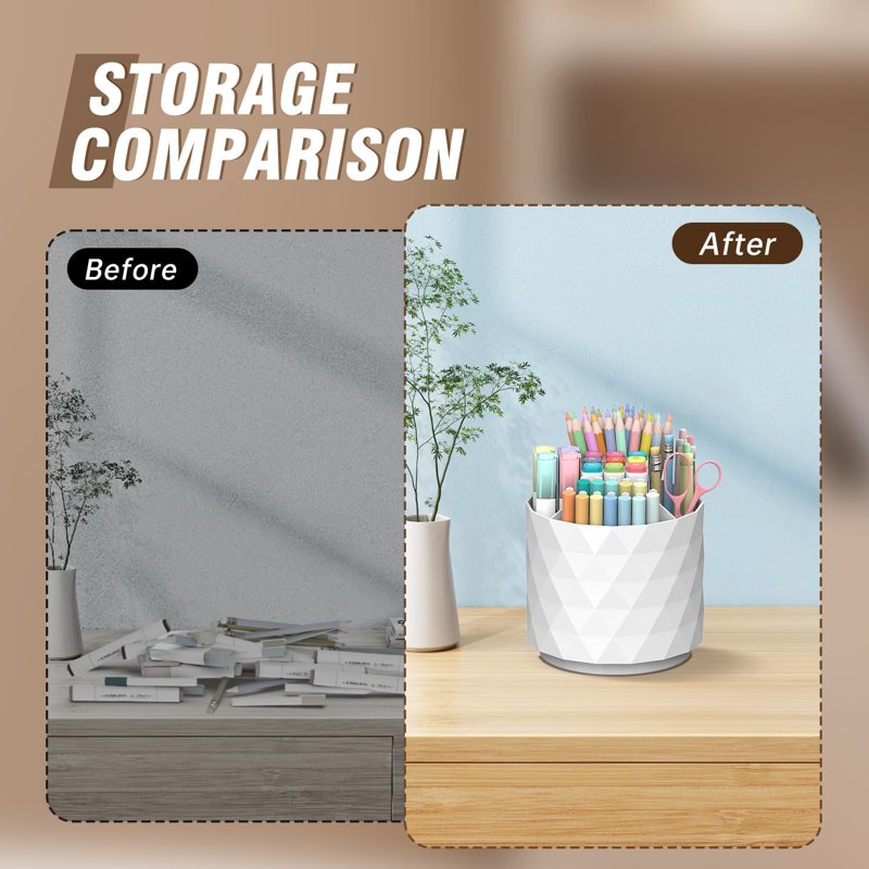 Rotating Pen Holder with 5 Compartments Desktop Organizer - Large Capacity Office Supplies