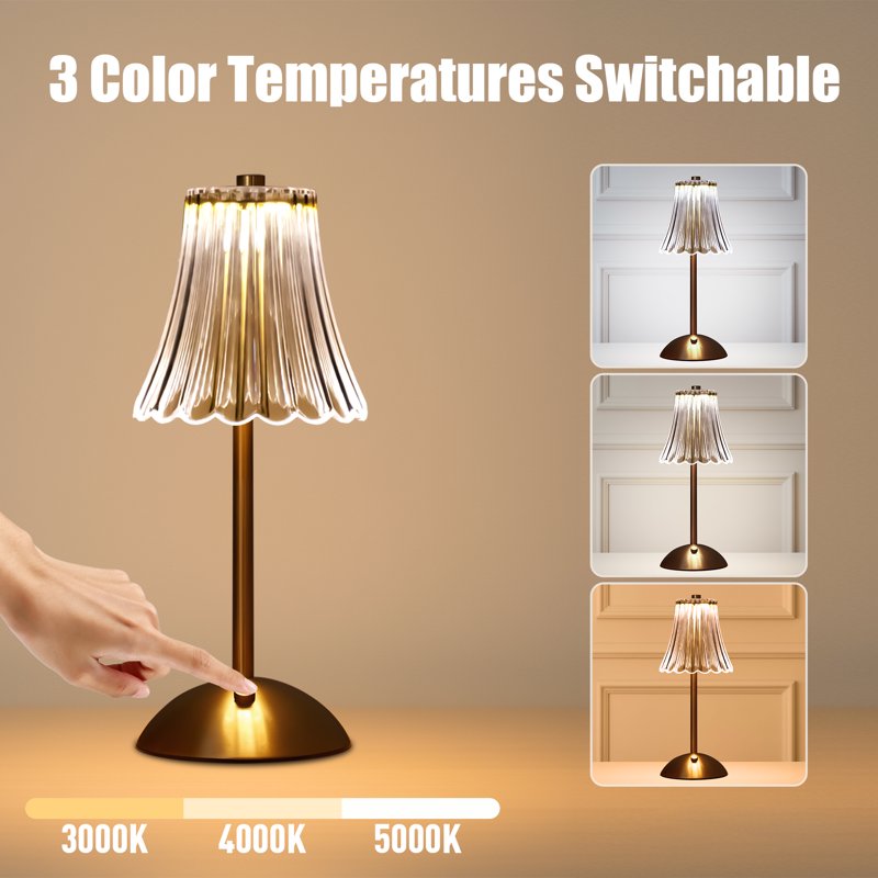 Rechargeable Cordless Table Lamp with Glass Shade - Dimmable Touch-Control Desk Light for Modern Home & Office Decor