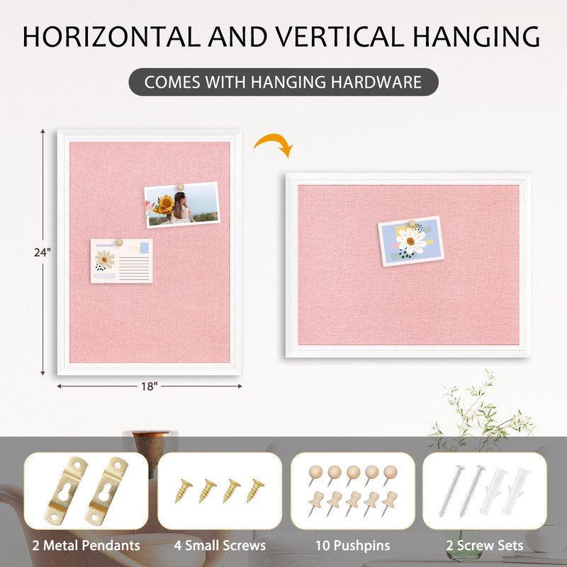 Pink Cork Bulletin Board with Linen Surface and White Wood Frame - Wall Mounted Pin Board 18x24 Inches