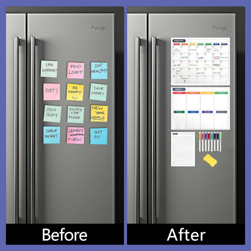 Magnetic Dry Erase Calendar Set for Refrigerator & Wall - Monthly Weekly Daily Planner