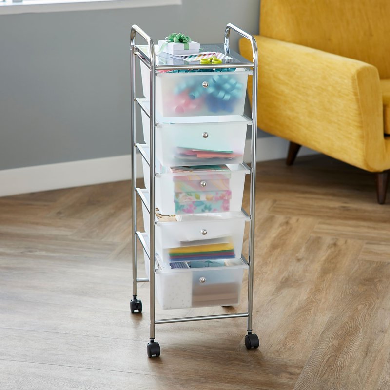 5 Drawer Clear Mobile Storage Cart - Locking Casters & Removable Drawers