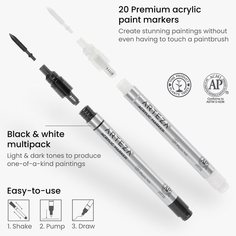 Arteza Acrylic Paint Markers - Fine Nib, 20 Count, Black & White (Variation: 20, Black and White)