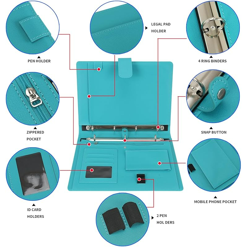 A4 Leather Portfolio Folder with Removable Binder & Multiple Pockets for Office Travel School