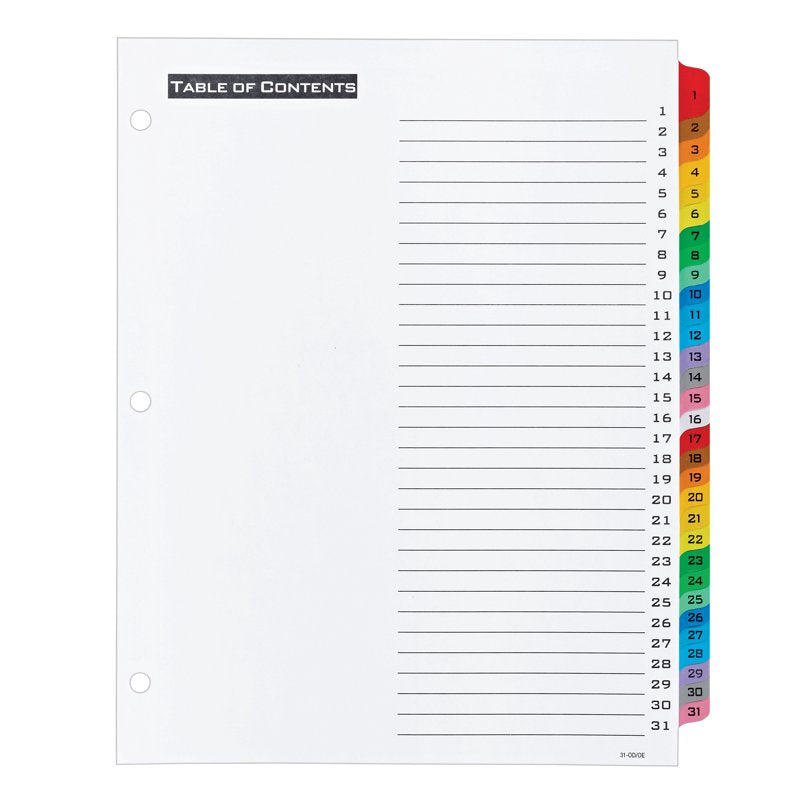 Multicolor Tab Dividers for Binders - 1-31 Sections, Pack of Multiple Sets