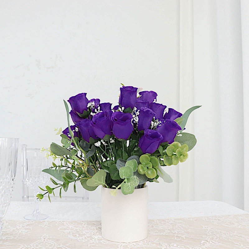 Silk Rose Buds Flowers Bouquet for Weddings & Events - 84 pcs, Purple