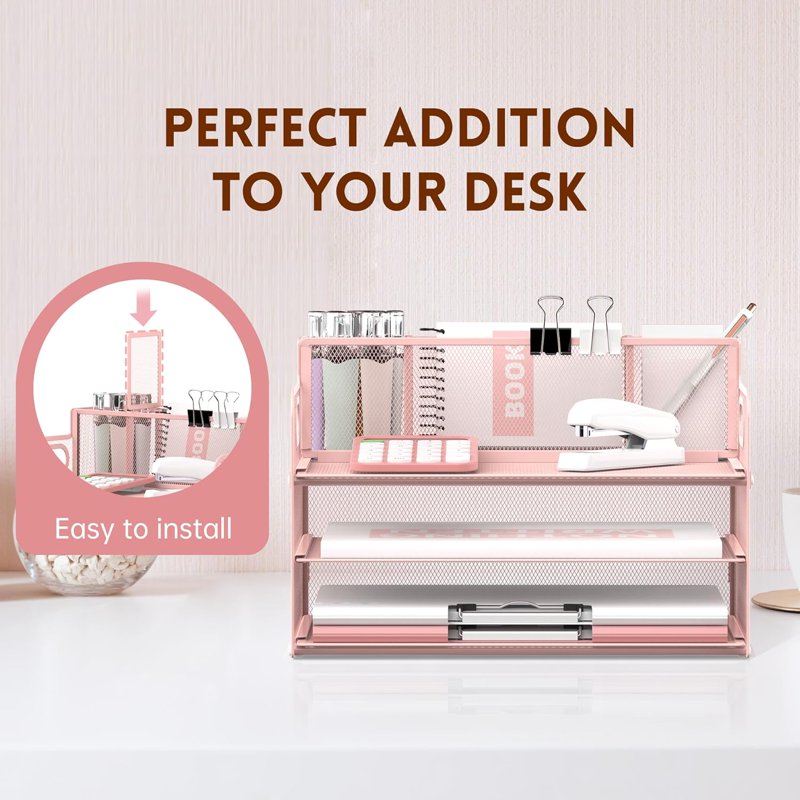 3 Tier Metal Mesh Desk Organizer with Pen Holders and Handles - Space Saving Paper Storage
