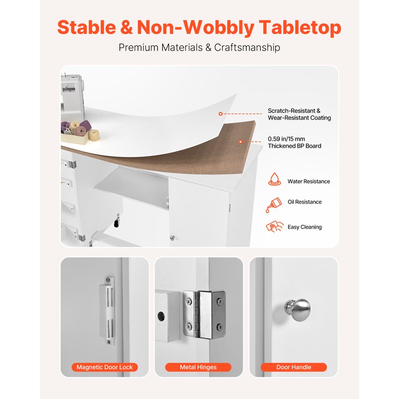 Foldable Sewing Table with Storage Cabinet and Wheels - Craft Workspace