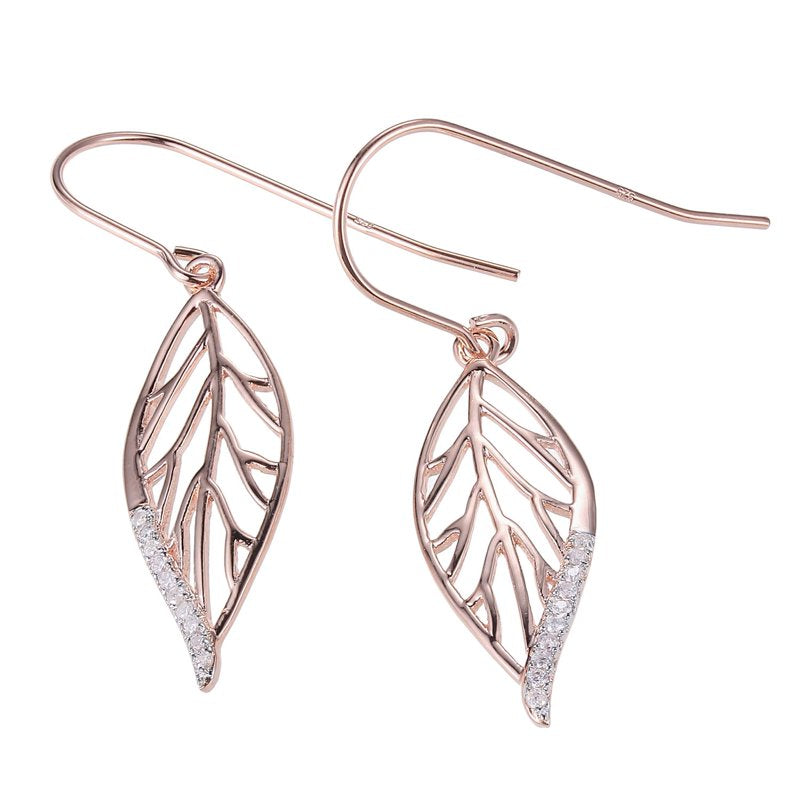 Sterling Silver Diamond Leaf Drop Earrings in 14K Rose Gold - Hypoallergenic Jewelry