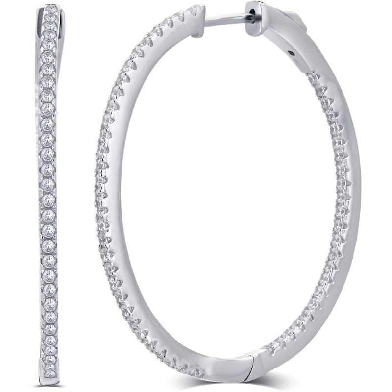 1/2 Carat CZ Hoop Earrings - Rhodium & Goldtone Inside Outside Brass