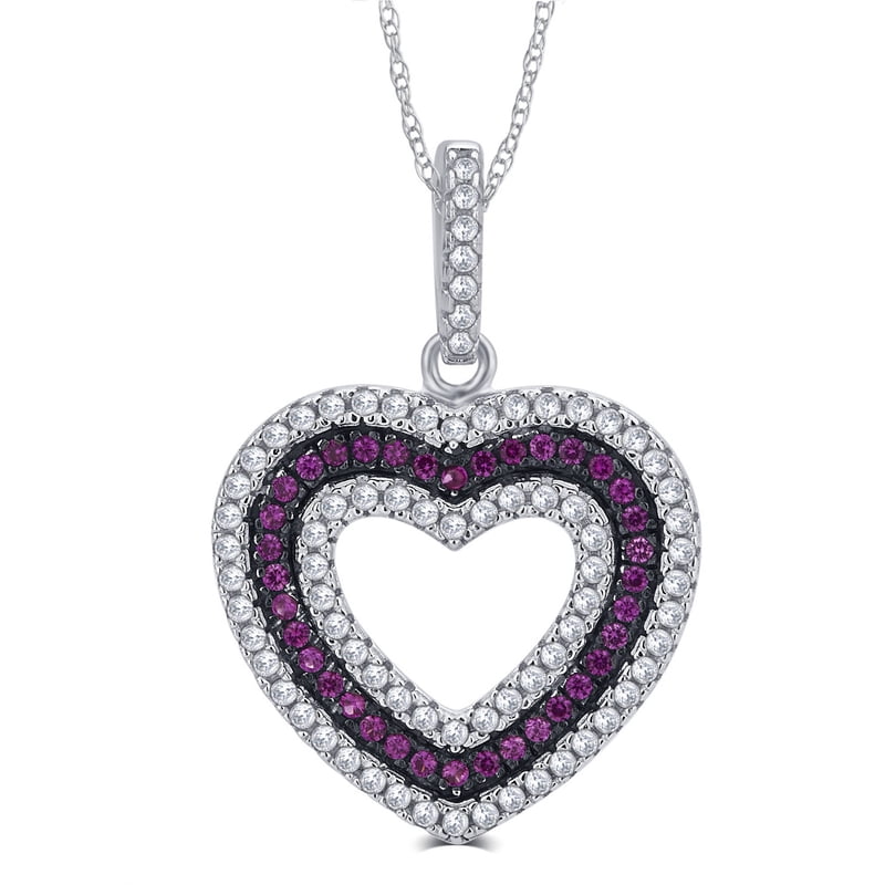 Sterling Silver Heart Pendant Necklace with CZ and Ruby 18 Inch Chain