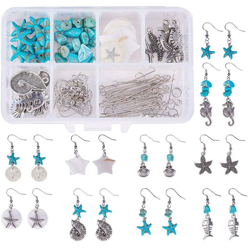 DIY Jewelry Making Kit for Earrings - Starfish, Seahorse, Shell Turquoise Pendants, Complete Supplies for 10 Pairs