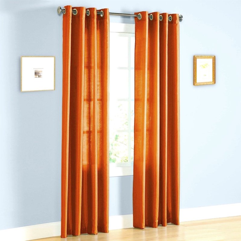 Solid Orange Faux Silk Window Curtain Panel - Semi Sheer Drapes 52x95 Inches