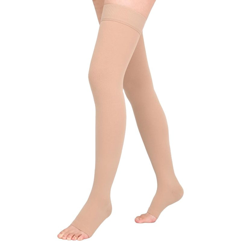 Unisex Thigh High Compression Socks 20-32mmHg with Toeless Design - Beige M