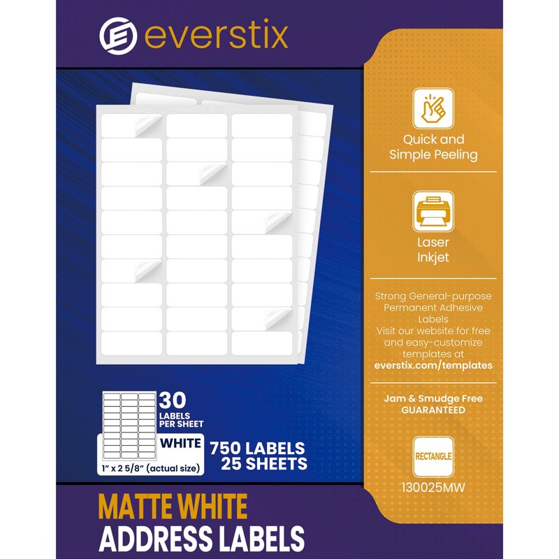 White Address Labels for Laser & Inkjet Printers - 1 x 2-5/8 Inch, Permanent Adhesive, 25 Sheets