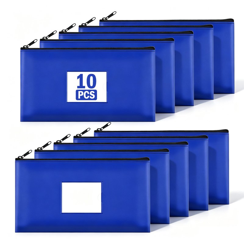 10 Pack Zippered Money Bags with Label Window - Cash & Deposit Organizer
