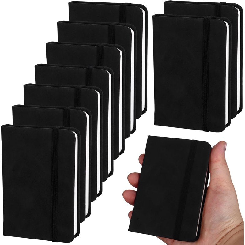 Leather Pocket Notebook Set - Mini A7 Notepad 4.33 x 3.14 Inch with Elastic Band, 10 Black Journals