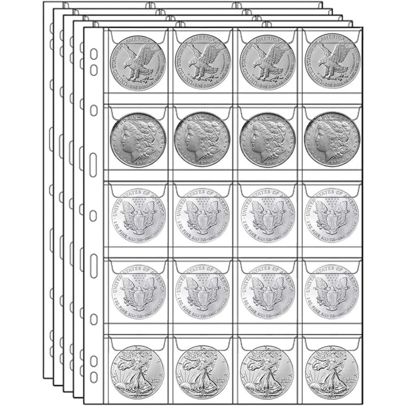 Coin Collection Pages 10 Sheets with 200 Pockets - Plastic Binder Inserts for Coins & Currency