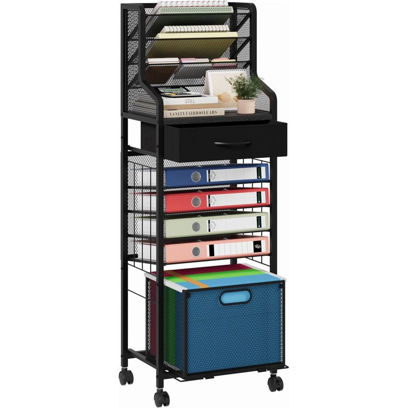 10-Tier Mesh File Cart with Lockable Wheels and Drawers - Black Office Organizer