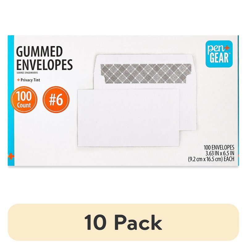 10 Pack Privacy Tint Gummed Envelopes - White, 3.63 x 6.5 inches, Office Mailing Supplies
