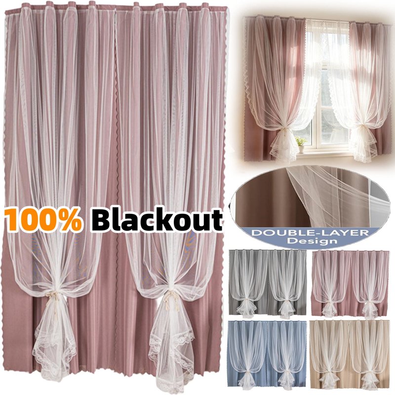 Double Layer Blackout Curtains Set of 2 with Sheer Overlay - Room Darkening, Thermal Insulated, Grommet Top, 47x54 Inches - Sky Blue