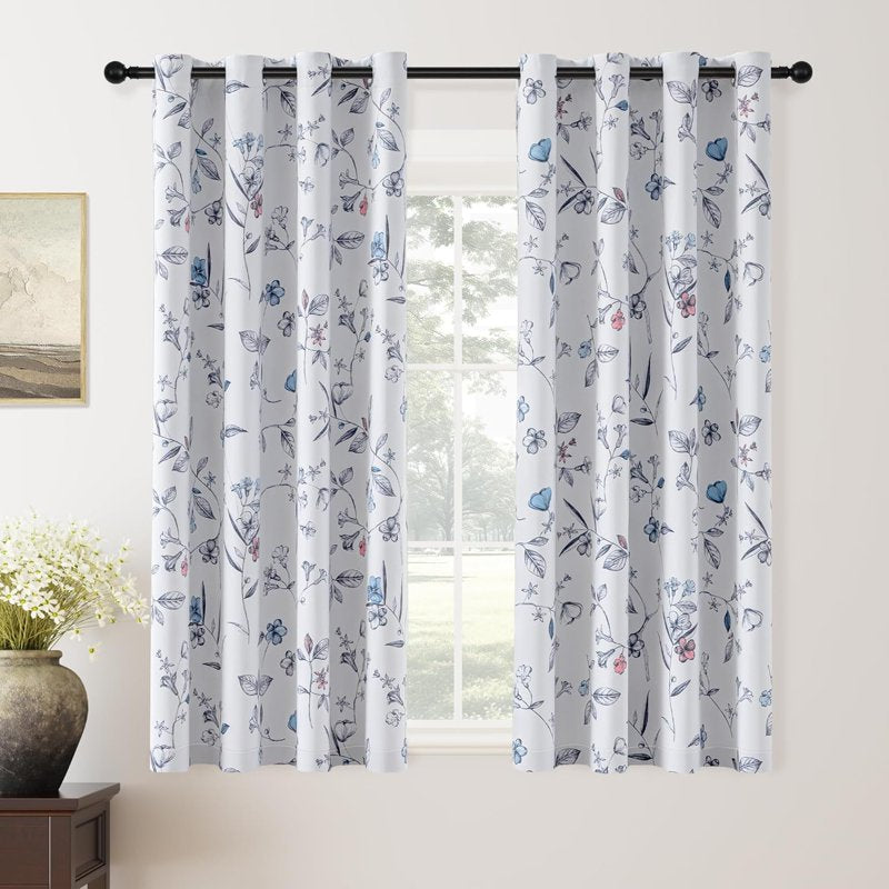 Blackout Floral Curtains 52W x 63L Room Darkening Insulated Drapes - Navy Blue