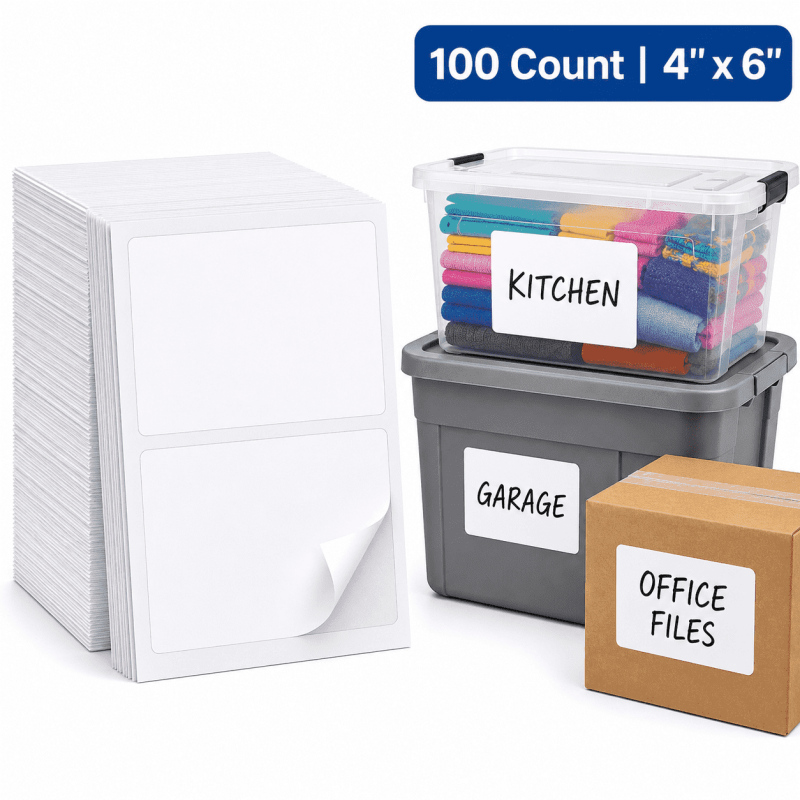 Waterproof Storage Bin Labels 4x6 Inches - Removable, Tear-Resistant Matte White Stickers for Garage Pantry Office Warehouse