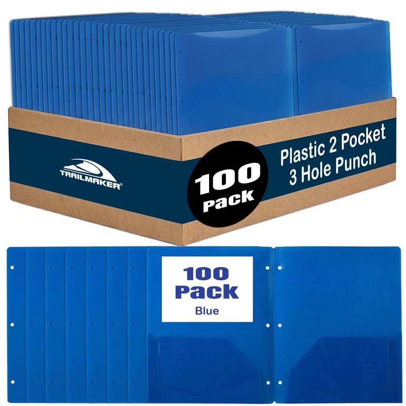 100 Pack Two Pocket Blue Translucent 3-Ring Hole Punch Folders, 11.5 x 9.5 in - Trailmaker
