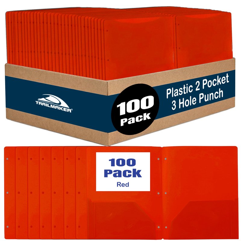 100 Pack Red Two-Pocket Translucent 3-Ring Hole Punch Folders - 11.5 x 9.5 in