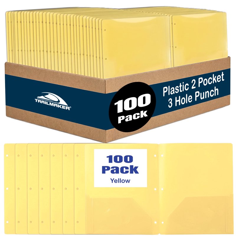 100 Pack Yellow Two-Pocket Plastic Folders with 3-Ring Hole Punch - 11.5 x 9.5 in