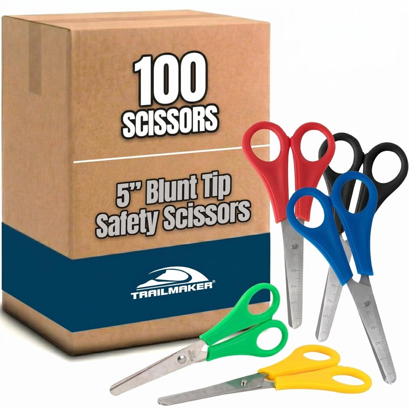 Bulk Safety Scissors Set - 100 Assorted 5-Inch Blunt Tip Craft & School Scissors