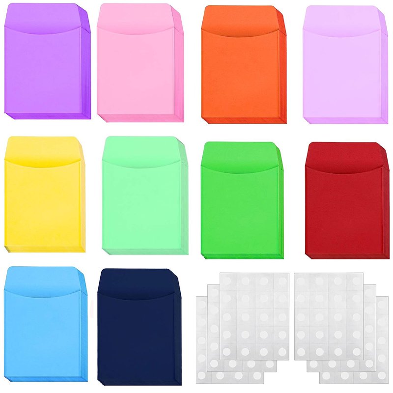Colorful Library Card Envelopes Pack with Adhesive Dots for School & Office Use