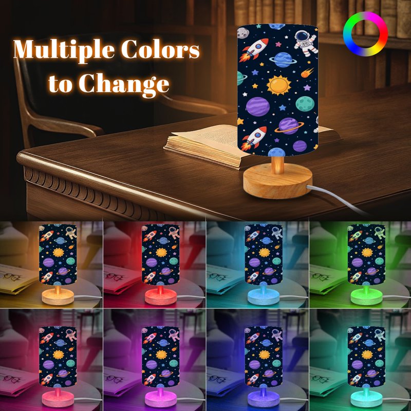 16-Color Dimmable Space Planet Table Lamp with Wood Base for Bedroom Nursery