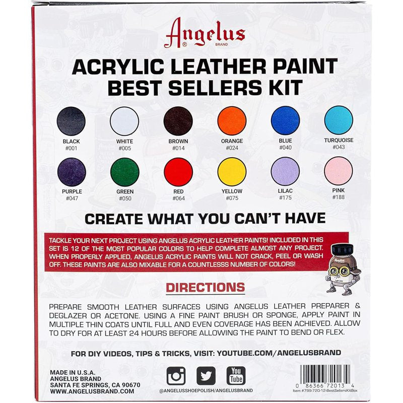 Angelus Acrylic Leather Paint Kit - Flexible Shoe & Leather Paint in 12 Colors, 1 oz Each