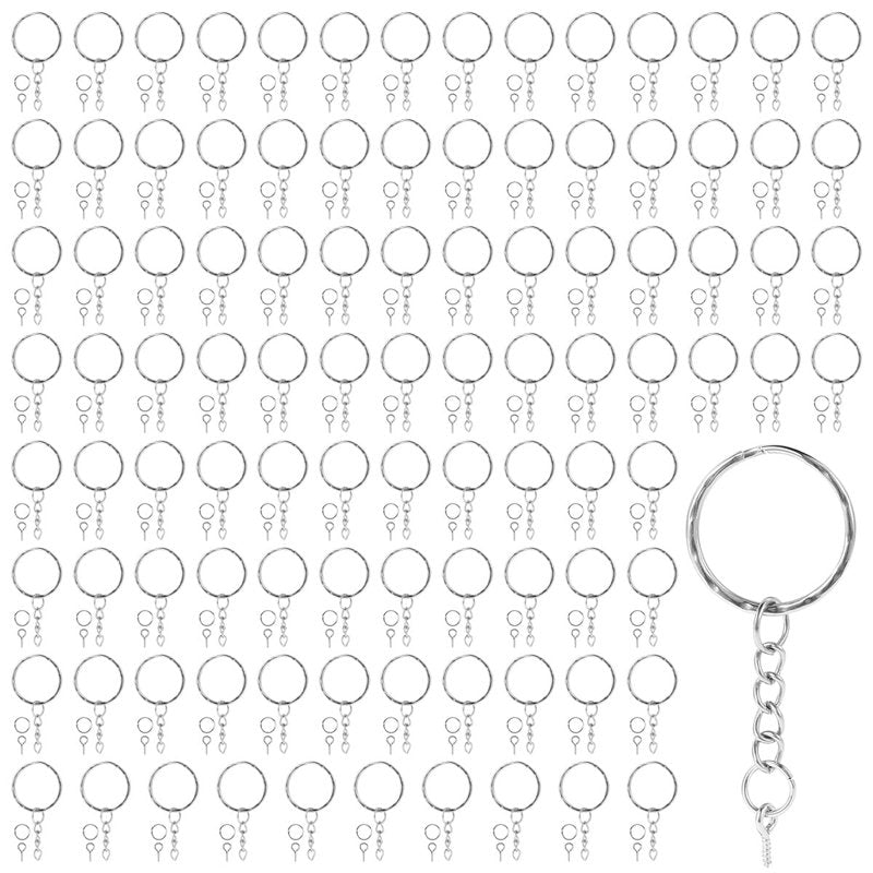 Silver Keychain Rings with Chains 25mm Set for Jewelry & Craft DIY