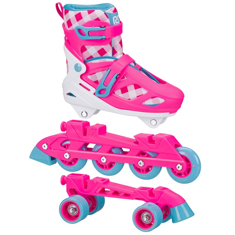 2-in-1 Roller & Inline Skates for Girls - Adjustable Sizes, Gingham