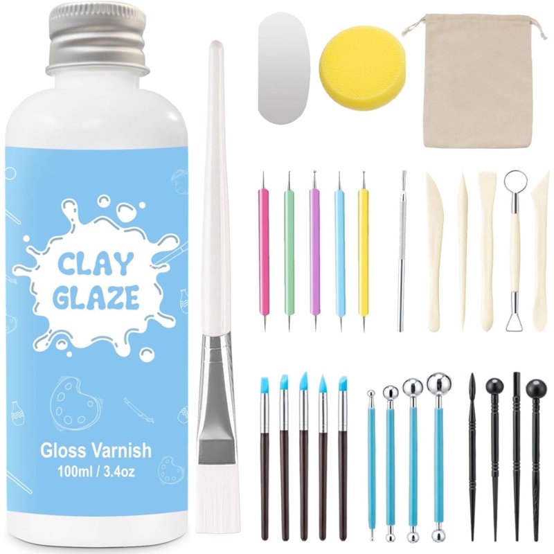 Air Dry Clay Glaze and Sculpting Tool Kit - Gloss Varnish and 29pcs Modeling Tools