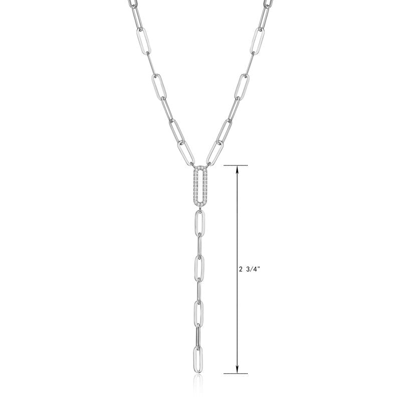 Sterling Silver CZ Paperclip Necklace 18" + 2" Extension Lariat Jewelry