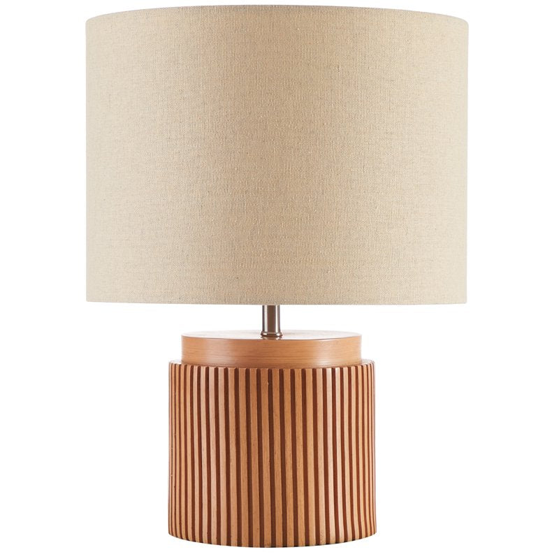 Modern Faux Wood Table Lamp Set - Brown Ribbed Base with Linen Shade
