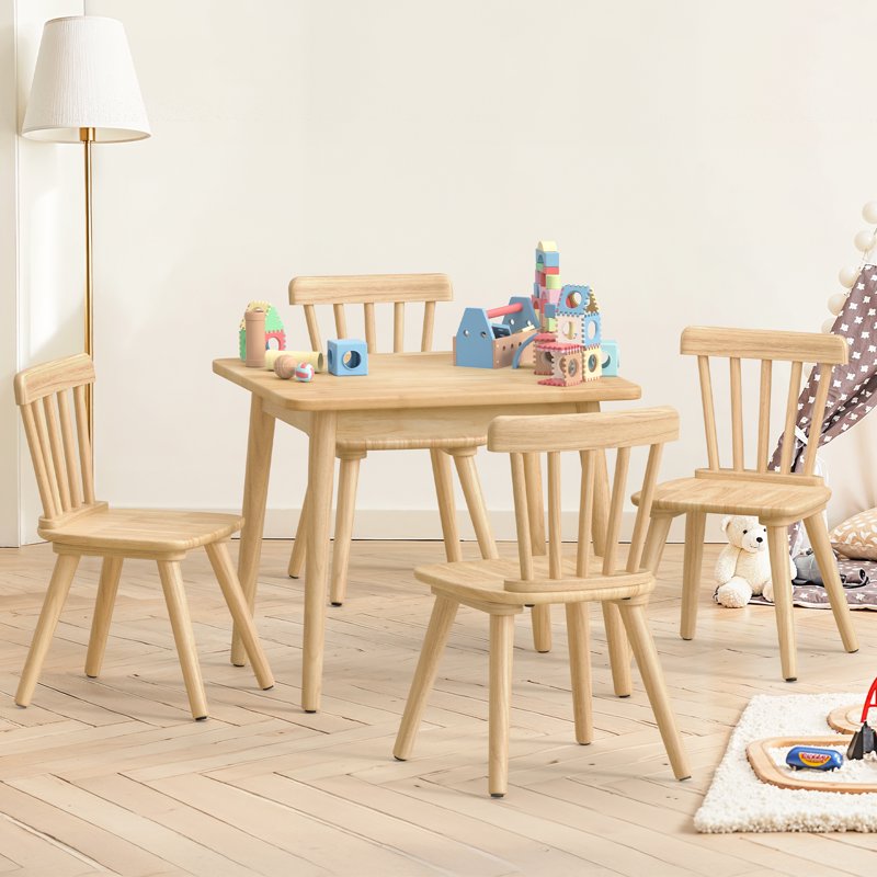 Kids Wooden Table and 4 Chairs Set - Natural Rubberwood Play Furniture with Non-Slip Legs