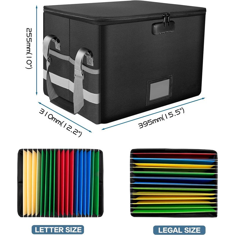 Fireproof Water-Resistant Document Safe Box with Lock - Collapsible File Organizer for Home Office, Black