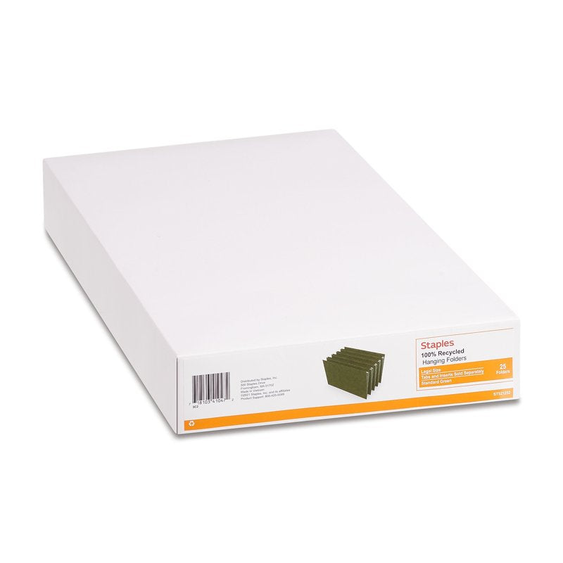 Staples Legal Size Green Hanging File Folders 25 Pack - Durable Office Organization