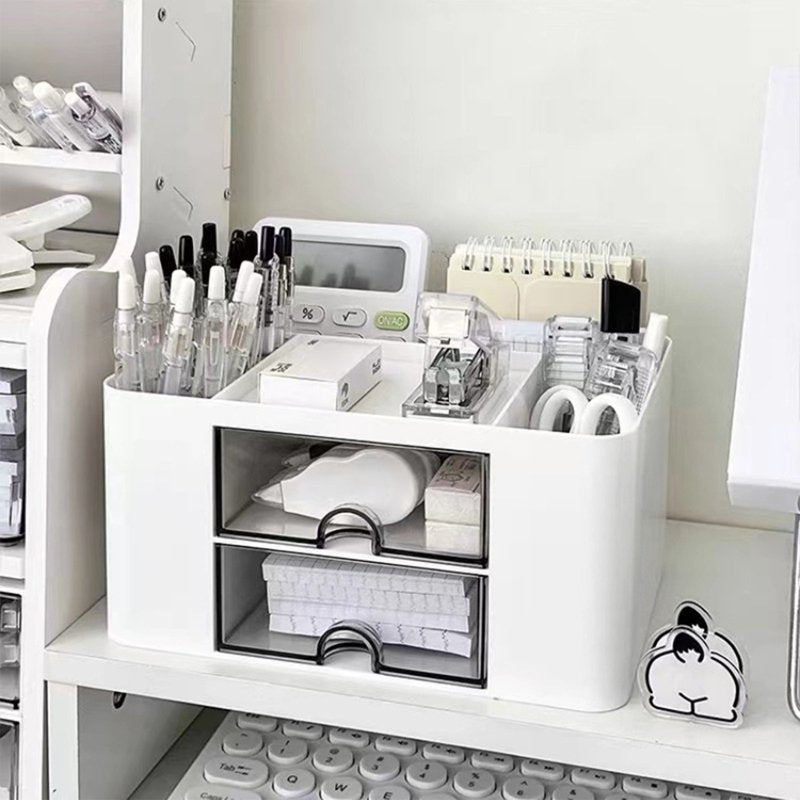 Desk Organizer with 2 Drawers and Multi-Compartment Storage for Office & Study Supplies - White
