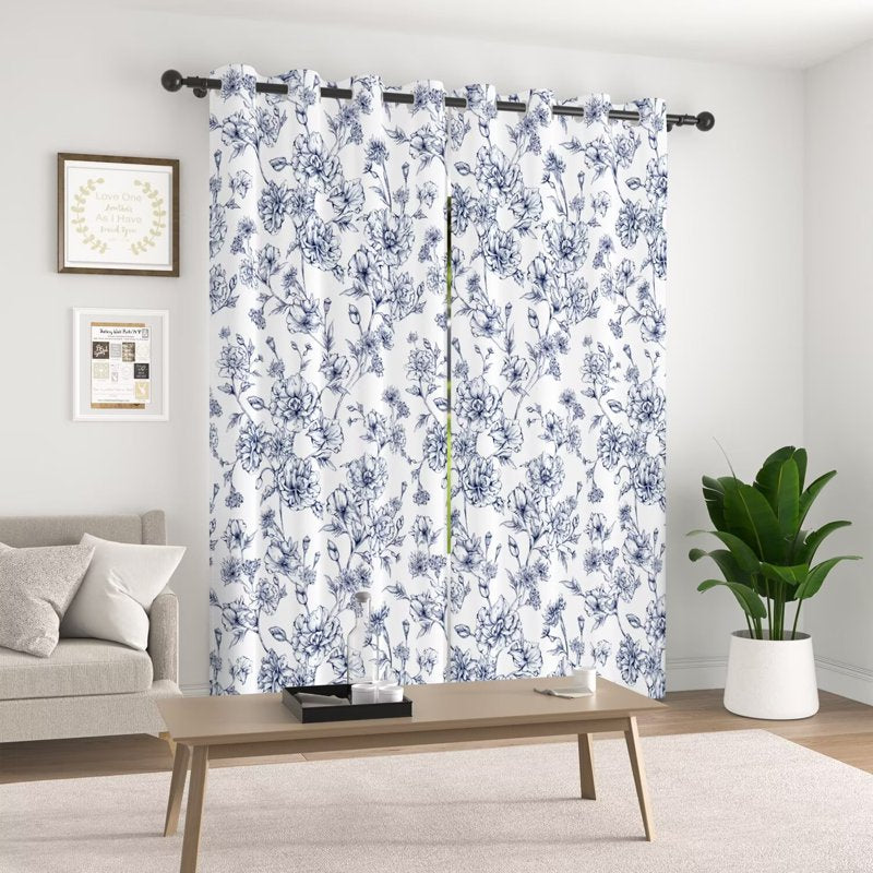 Blue Floral Pattern Blackout Curtains Set of 2 - Room Darkening Grommet Drapes 42x63 Inches