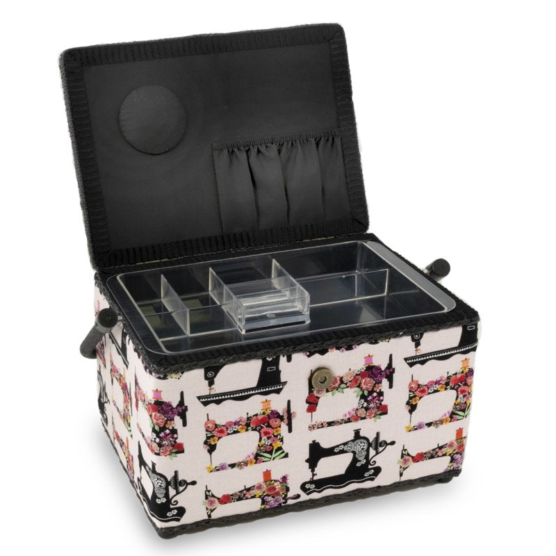 Large Pink Sewing Basket with Floral Print and Removable Tray