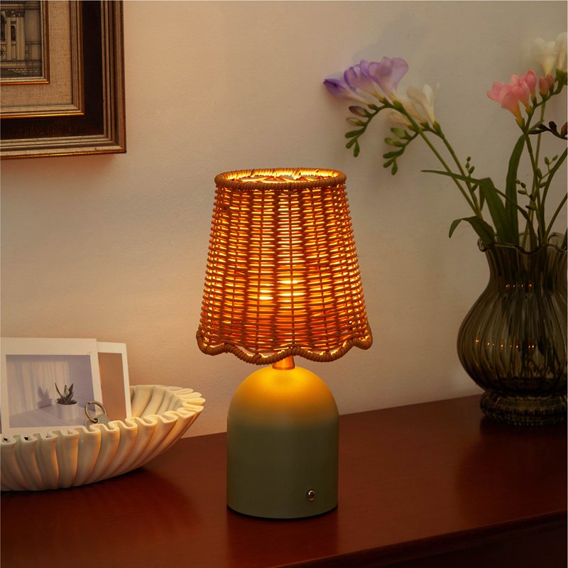 Rechargeable Green Rattan LED Table Lamp - Cordless Dimmable Accent Light